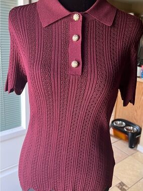 Express Pointelle Polo Top - Medium / Burgundy NWT